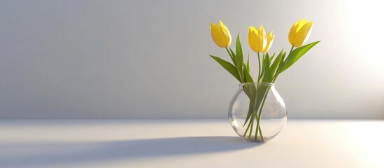Poster - Vibrant yellow tulips in a clear vase with a minimalist white backdrop creating an elegant floral arrangement with ample copy space