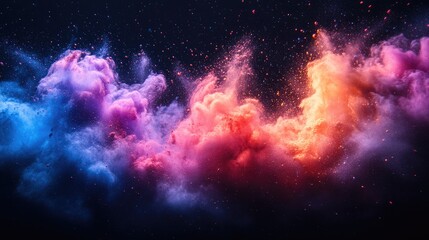 Poster - Vibrant white powder explosion creating a colorful cloud of dust against a deep black background, showcasing bursts of pink, purple, blue, and orange hues, abstract, artistic, motion.