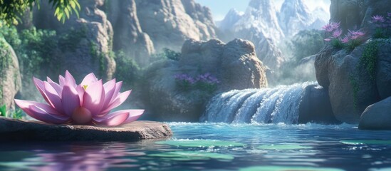 Poster - Serene lotus flower in tranquil pond with cascading waterfall and lush mountain backdrop in vibrant natural setting