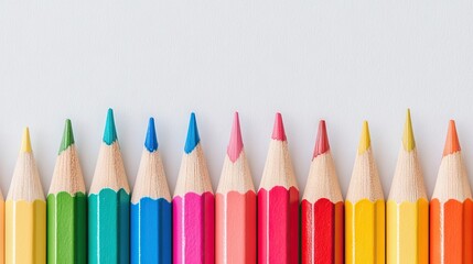 Poster - Colorful assortment of sharpened writing pencils arranged in a straight line on a light gray backdrop, showcasing vibrant tips and wooden bodies, stationery, education, creativity, art supplies.