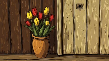 Poster - Vase of vibrant tulips in a rustic setting enhancing the charm of a wooden background with warm tones and inviting atmosphere