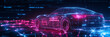 © Oleksandr - A futuristic car icon composed of glowing neon lines, connected to a web of digital data points and wireless signals, with space for text.