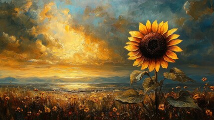 Poster - vibrant sunflower in a picturesque landscape with dramatic sky at sunset reflecting warm colors and serene atmosphere
