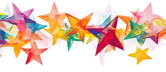 Fototapete - Vibrant multicolored star shapes arranged artistically on a bright white background for festive and playful design concepts.