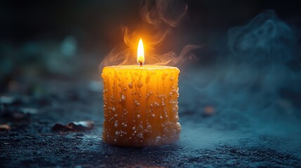 Poster - Candle emitting wisps of vapor and a warm flame, set against a dark background with a soft glow and gentle smoke trails, ambiance, relaxation, warmth, serenity.