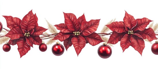 Poster - Poinsettia flowers and Christmas ornaments arranged beautifully on a white background for festive holiday decor and celebrations