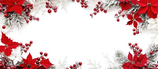 Poster - Christmas floral frame with red poinsettias and berries suitable for festive postcard backgrounds and holiday greetings
