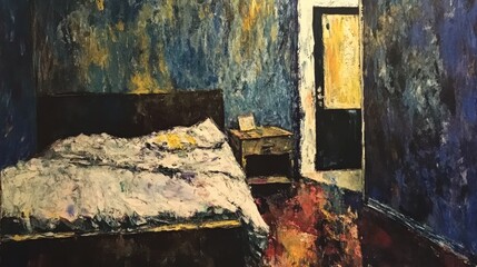 Poster - Aesthetic painting of an intimate bedroom scene featuring a textured bed and a vibrant blue wall background.