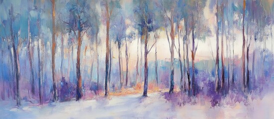 Poster - Mystical forest landscape with soft pastel colors and tall trees creating a serene and tranquil atmosphere in nature.