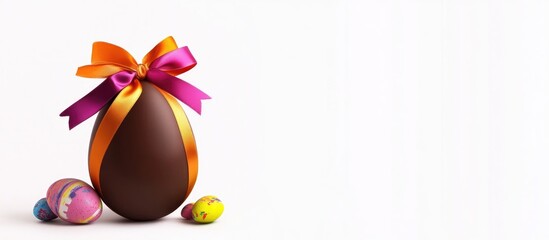 Poster - Chocolate Easter egg with vibrant ribbon bow and decorative eggs on a clean white background perfect for festive celebrations and promotions