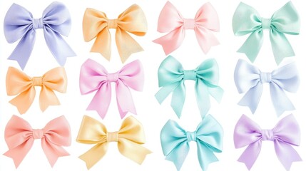 Leinwandbilder - Colorful pastel bows displayed on a white background creating a vibrant and cheerful visual collection of decorative ribbons.