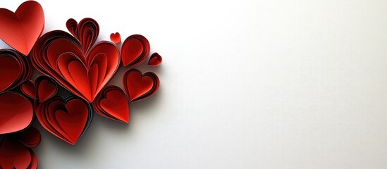 Poster - Red paper hearts artfully arranged on a white background for Valentine's Day celebration with ample copy space for personalized messages