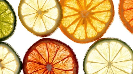 Poster - Slices of orange lime and lemon arranged on a white background showcasing vibrant colors and textures of citrus fruits