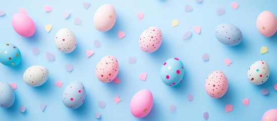 Aufkleber - Colorful decorative Easter eggs arranged on a pastel background with scattered confetti and space for text or seasonal greetings