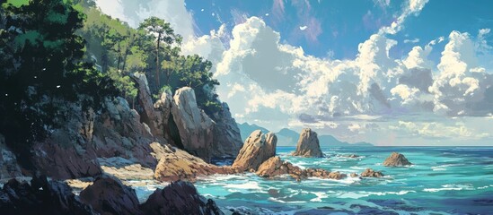 Poster - Majestic rocky coastline under a bright sky with clouds and vibrant sea waves creating a serene coastal landscape scene.