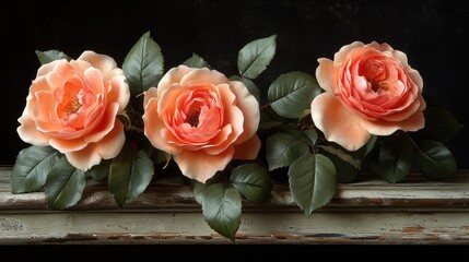 Poster - Blooming Floribunda Roses with Soft Peach Petals and Lush Green Leaves Against a Dark Background for Elegant Floral Design