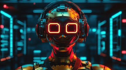 Poster - AI Powered Futuristic Robot with Headphones in a High-Tech Environment Representing Advanced Technology and Artificial Intelligence Interaction