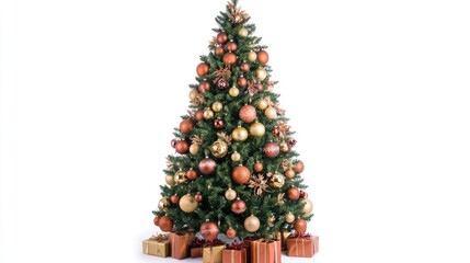 Poster - Artificially decorated Christmas fir tree adorned with ornaments and surrounded by wrapped gifts on a bright white background.