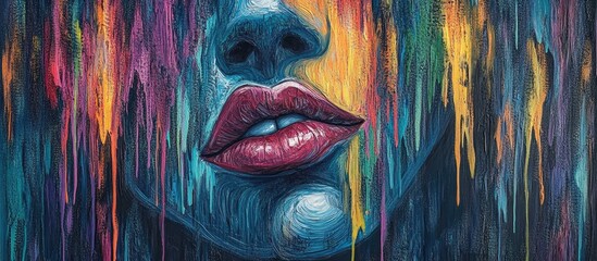 Poster - Vibrant Abstract Art Depicting Passionate Lips Surrounded by Colorful Drips and Textures