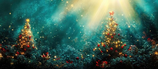 Poster - Enchanting Christmas forest scene with illuminated trees, festive decorations, and a serene, glowing ambiance for holiday celebration themes