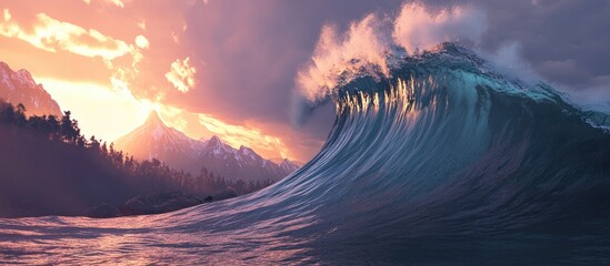 Poster - Majestic ocean wave crashing at sunset with mountains in the background creating a dramatic and serene coastal landscape scene
