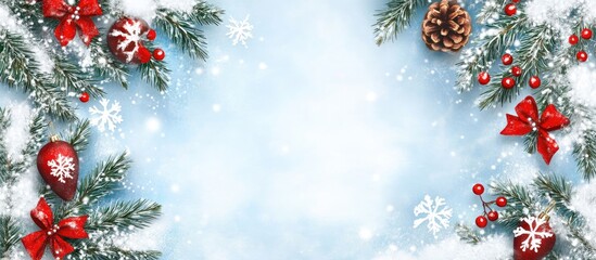 Poster - Winter holiday decoration with ornaments and pinecones on a snowy backdrop for seasonal celebration and festive backgrounds.