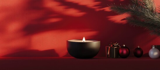 Aufkleber - Elegant Christmas candle with festive ornaments on a rich red backdrop showcasing holiday spirit and seasonal joy in a cozy setting.