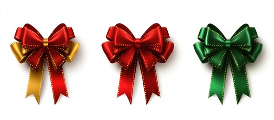 Poster - Colorful gift bows in red green and gold arranged creatively on a white background for festive occasions and celebrations