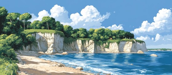 Aufkleber - Coastal Serenity: Tranquil Shoreline with Cliffs and Lush Greenery Under a Clear Blue Sky and Gentle Waves