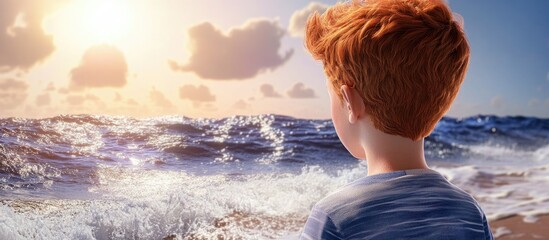Poster - Boy with orange hair standing on the beach watching the ocean waves at sunset reflecting sunlight on a serene horizon