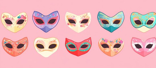 Poster - Colorful decorative carnival masks arranged in a playful pattern on a pastel pink background for festive celebrations and events.