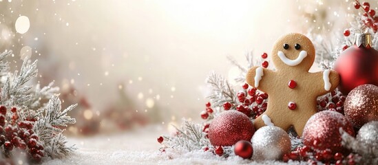 Aufkleber - Gingerbread man cookies and festive ornaments arranged on a light backdrop creating a charming Christmas scene with space for text.