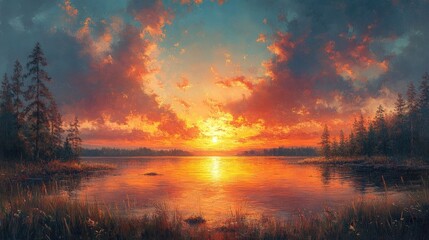 Poster - serene sunset over tranquil lake with vibrant clouds and reflections surrounded by lush trees capturing the essence of nature's beauty