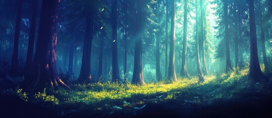 Poster - Enchanting forest scenery illuminated by soft sunlight filtering through tall trees creating a serene natural landscape ambiance.