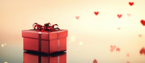 Poster - Red gift box adorned with hearts on a reflective surface, symbolizing love and celebration for special occasions.