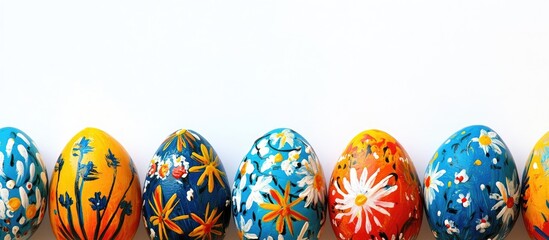 Aufkleber - Colorful hand-painted Easter eggs arranged in a row against a clean white backdrop showcasing intricate floral designs and vibrant colors.