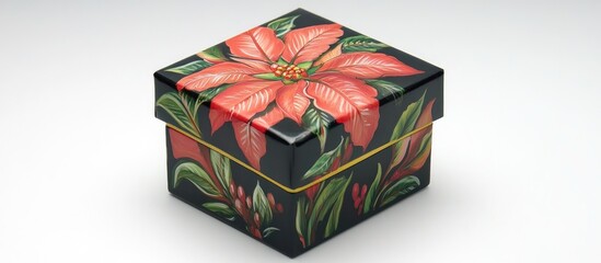 Poster - Christmas gift box adorned with vibrant poinsettia design surrounded by lush floral elements on a neutral background