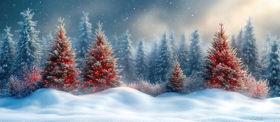 Poster - Festive winter landscape with decorated evergreen trees amidst a serene snow-covered scene glowing under a wintry sky
