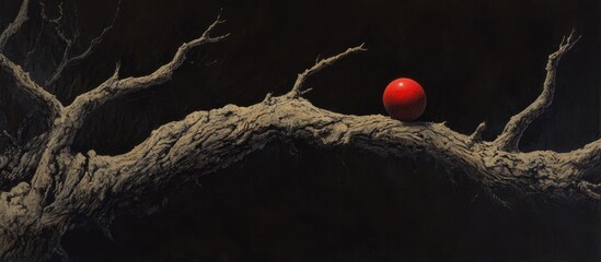 Poster - Red ball perched on a weathered tree branch against a dark background creating a striking contrast in a serene and artistic composition.