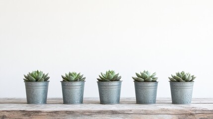 Poster - Succulent plants in metal pots arranged on a wooden surface against a clean white background for a minimalist aesthetic.
