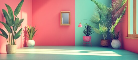 Poster - Elegant interior with vibrant green and pink walls adorned with decorative plants and cozy lighting creating a cheerful ambiance.