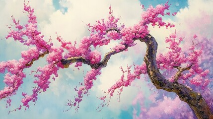 Poster - Blossoming Plum Tree Branch in Vibrant Pink against a Serene Sky with Soft Clouds and Pastel Background