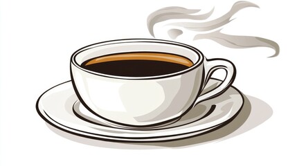 Aufkleber - Coffee cup with steaming black coffee, elegantly placed on a simple white saucer against a clean white backdrop, beverage, hot drink, minimalistic design, food photography.