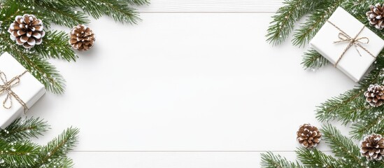 Aufkleber - Festive Christmas flat lay with gift boxes pine branches and cones on wooden table for seasonal decor and holiday greeting design