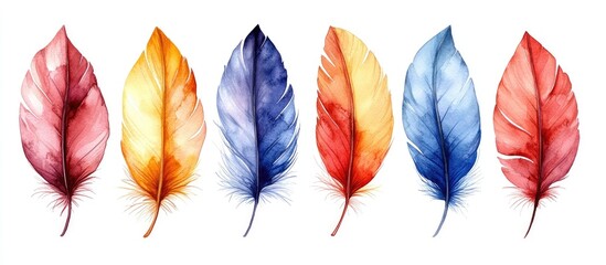 Poster - Colorful watercolor bird feathers in a vibrant set showcasing diverse hues for textile design and decorative backgrounds.