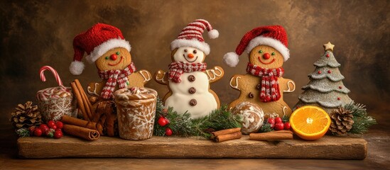 Poster - Festive holiday arrangement with gingerbread cookies candy canes orange slices and cinnamon on a rustic wooden surface in a cozy setting