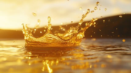 Aufkleber - transparent liquid splash in motion, illuminated by golden sunset light, creating dynamic ripples on
