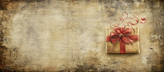 Poster - Vintage Christmas backdrop with a decorative gift box and ribbon on a textured aged background for holiday themes and designs.