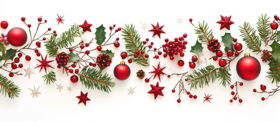 Poster - Festive Christmas decorations with red ornaments, pine branches, and holly berries arranged on a white background for seasonal celebrations