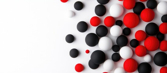 Poster - Birds eye view of decorative balls in red black and white arranged artistically on a clean white background for vibrant visual appeal